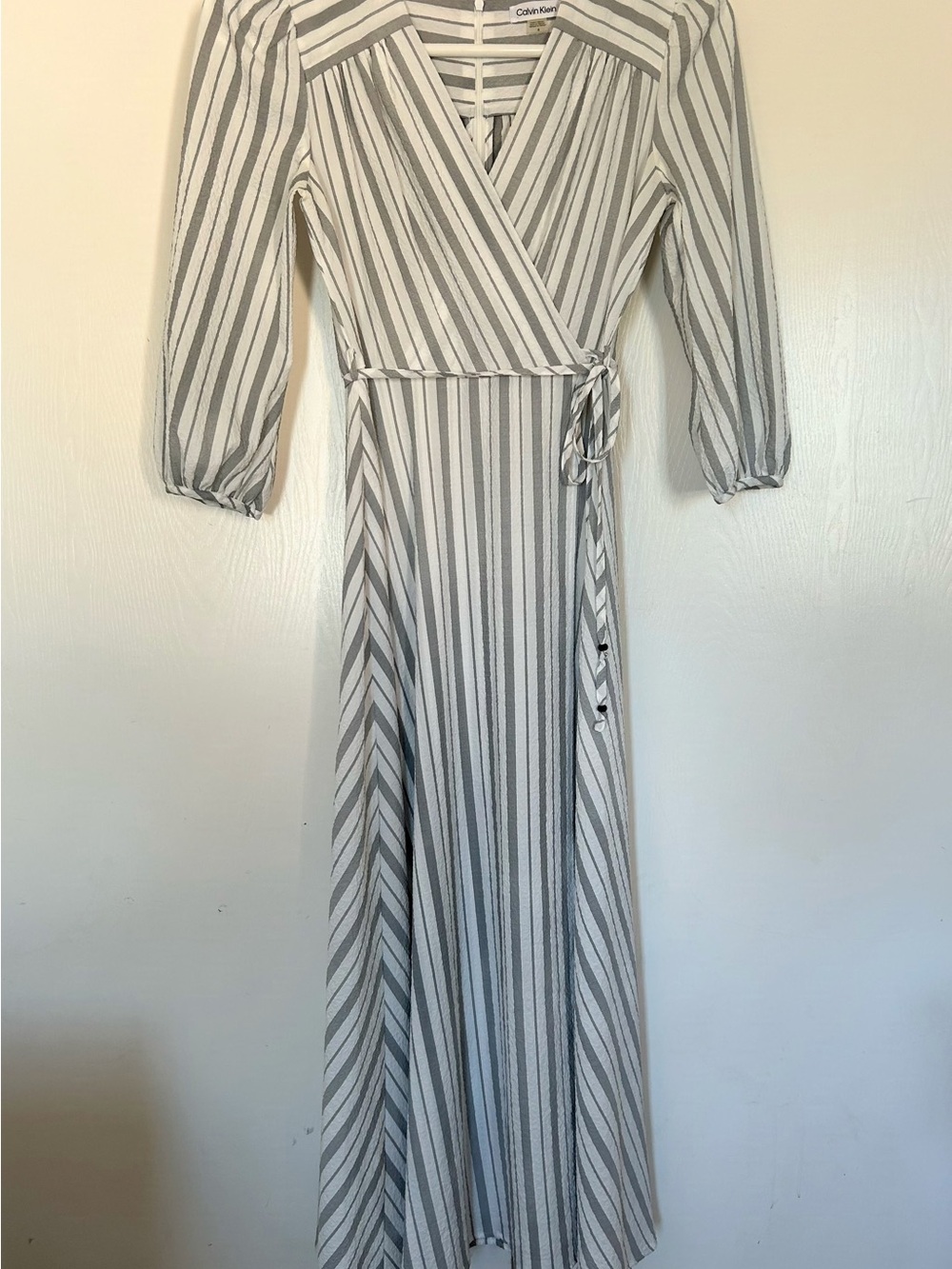 Calvin Klein White and Gray Striped Wrap Maxi Dress